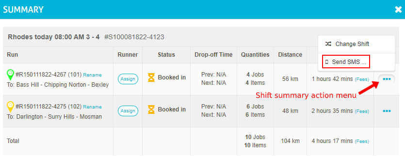 Shift summary action menu