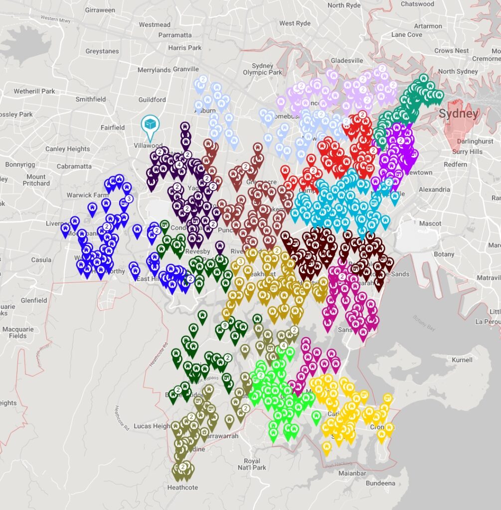 GoPeople Sydney multi-drop delivery route optimisation map showing geographically grouped delivery stops